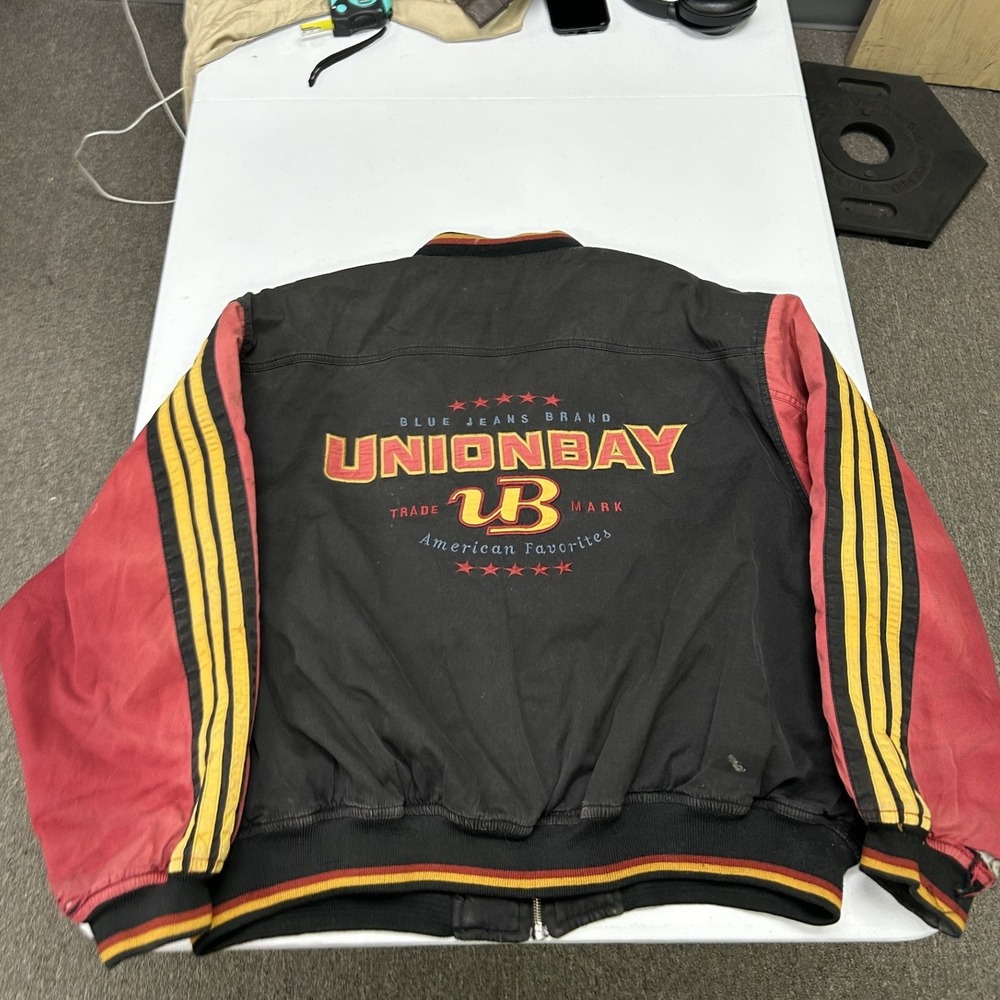 Union Bay Bomber Jacket Mens L Black Red Vintage Quilted Distressed Streetwear